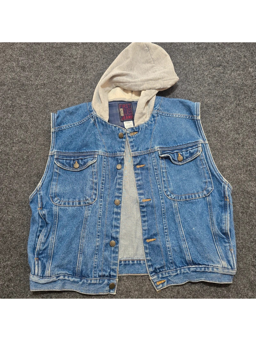 Vintage Gitano First Class Jeans Denim Vest XL Hooded Blue Jean Trucker 90s